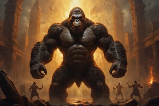 wide angle shot , A king kong ready to fight with Mjölnir in one hand,movie still, cinematic warm color lighting,oil painting,GLOWING