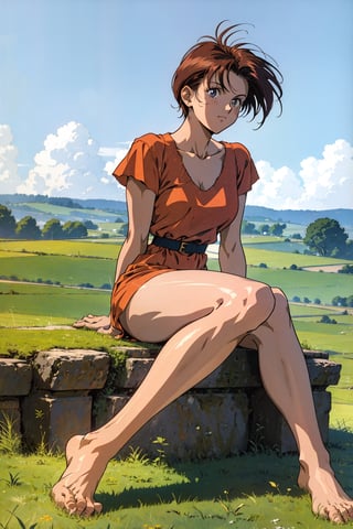 short hair , 90s anime style , full body , old style dress , sitting in a grassfield far away from city , 1 women , portrait , ( bare legs , bareefeet:1.3) , 4k ,retro 90,1990s (style)