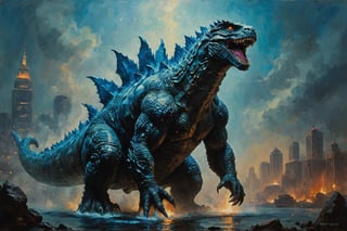 wide angle shot , A Godzilla with blue scales ,movie still, cinematic warm color lighting,oil painting,GLOWING