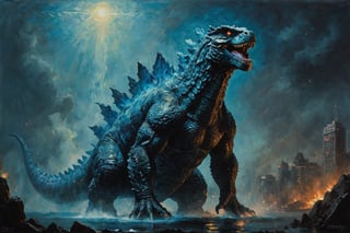 wide angle shot , A Godzilla with blue scales ,movie still, cinematic waarm color lighting,oil painting,GLOWING
