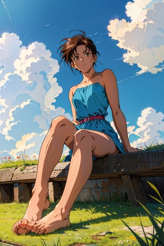 short hair , 90s anime style , full body ,old dress , sitting in a grassfield on a magical floating lang with abstract clouds , 1 women , portrait , ( bare legs , bareefeet:1.3) , 4k ,retro 90,1990s (style)