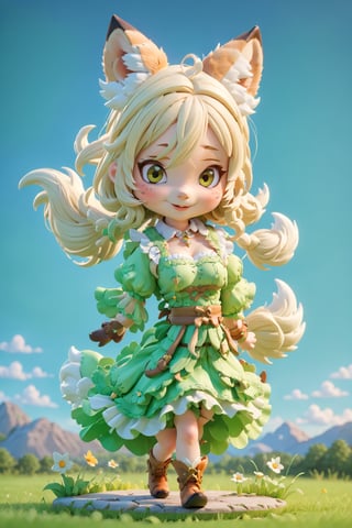 chibi, full body, blue sky, solo, girl, (fox girl), (beautiful face), (soft smile), long blonde hair, (fox eyes: 1.1), (blonde eyes: 1.3) , (middle bust), (green dirndl), dynamic pose, fox ears, animal downy ears, blonde fox tail, background colorful meadow, 3d style, 3d