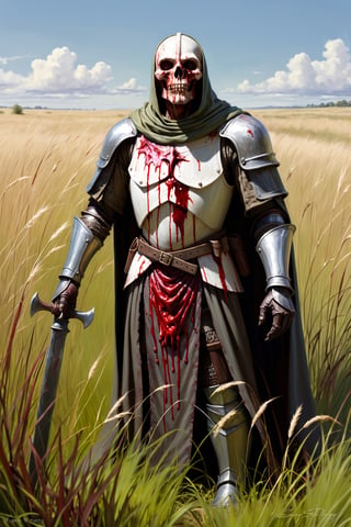 vast tall grass field with figure bloody with (headless, decapitated:1.4) figure , James Gurney, eerie, thick paint, close_up,(art by sargent), starved, robes, hatchet, pale, (bloody breastplate), armor,newhorrorfantasy_style