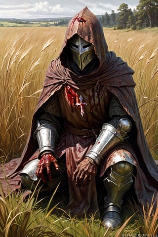 (rusty, tarnished:1.2) knight vast tall grass field with figure kneeling bloody with (hood, faceplate) figure ,(art by James Gurney), eerie, thick paint, close_up,(art by sargent), starved, robes, , pale, (bloody), ,newhorrorfantasy_style, Elden_ring, defeated, , medieval, wounded, epic