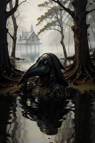 ((close up of plague doctor submerged)) neck deep in puddle, eerie, forest, dreary, grainy,fog, tree canopy,nodf_lora,