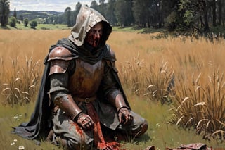 (rusty, tarnished, hood:1.2) knight vast tall grass field with figure kneeling bloody with (hooded, faceplate) figure ,(art by James Gurney), eerie, thick_paint,(art by sargent), starved, robes, , pale, (bloody), Elden_ring, defeated, , medieval, wounded, epic,impressionist painting, 