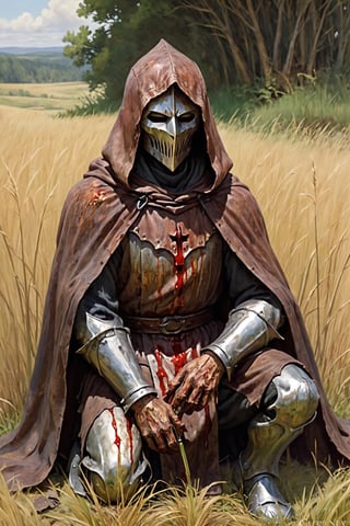 (rusty, tarnished:1.2) knight vast tall grass field with figure kneeling bloody with (hood, faceplate) figure ,(art by James Gurney), eerie, thick paint, close_up,(art by sargent), starved, robes, , pale, (bloody), ,newhorrorfantasy_style, Elden_ring, defeated, , medieval, wounded
