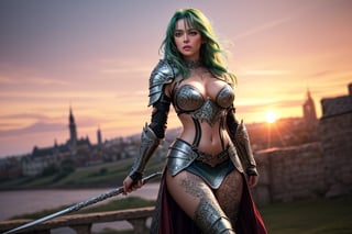 (masterpiece), (extremely intricate:1.3), (realistic), portrait of a sexy viking girl with green hair, the most beautiful in the world, (sexy armor showing skin and medium sized natural breasts), metal reflections, full body, hourglass sexy pose, outdoors, intense sunlight, far away castle, professional photograph of a stunning woman detailed, sharp focus, dramatic, award winning, cinematic lighting, , volumetrics dtx, (film grain, blurry background, blurry foreground, bokeh, depth of field, sunset, motion blur:1.3), chainmail