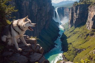Close up face of a lone wolf sitting on the top edge of a huge cliff, vally and waterfalls in the valley below, beautiful sky