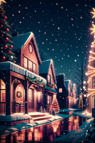 (masterpieces:1, best quality, high quality), one house,Detailedface,High detaile,gazelle, snow, outdoor, christmas trees, Christmas design, Christmas background, street town, night, starry_night, ultra details, ,DonMN30nChr1stGh0sts,cinematic