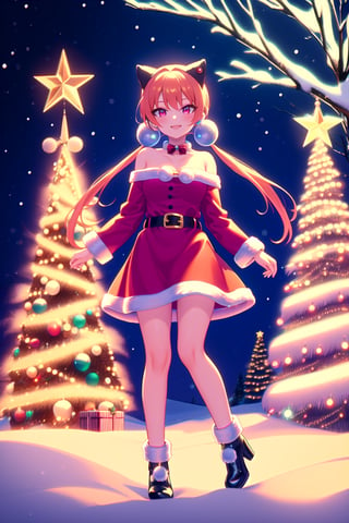 (masterpieces:1, best quality, high quality),alisa, solo,scarlet eyes,  long hair, yellow orange hair , low twintails, (twintails:1),  black fake animal ear, hair bobbles, happy, smile, small boobs, santa dress, red, belt, off shoulders, bare_shilders, bare_neck, collarbone, black high heels,thighs,Detailedface,High detaile,sntdrs, red santa dress, alisa, standing in snow, snow, outdoor, christmas trees, Christmas design, Christmas background, street town, night, starry_night, ultra details, full_body,DonMN30nChr1stGh0sts