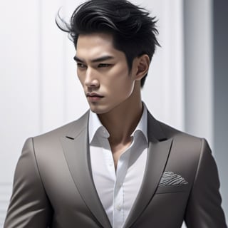 Craft a compelling portrayal of an enigmatic Asian hunk in a sleek suit, radiating an aura of coolness and strength. Illustrate him with a commanding presence, his demeanor exuding a calculated intensity while maintaining an air of mystery.

Detail the suit with precision, emphasizing its tailored elegance and sharp lines. The coldness of his expression should echo the sleekness of his attire, creating a seamless visual harmony.

Set the scene against a contemporary backdrop, perhaps a modern urban landscape or a sophisticated interior. Use a muted color palette that complements his demeanor, focusing on cool tones that echo his composed nature.

The Asian hunk's features should be chiseled and captivating, his gaze slightly serious and penetrating. His posture should project confidence and control, inviting intrigue from those who encounter his gaze.

Employ lighting to accentuate his strong jawline and define his facial contours. Utilize subtle shadows to highlight his enigmatic presence, creating an alluring play of light and darkness.

Capture an atmosphere that hints at the hidden depths within, while also showcasing his composed exterior. The cold and cool aesthetic should resonate through every element, from his expression to the setting, creating a captivating image that lingers in the mind.