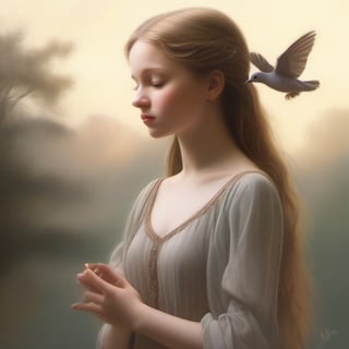 A highly detailed, realistic illustration of a young girl with an air of melancholy, depicted in a style that captures the essence of Renaissance portraiture. The girl should have subtle, downcast eyes that convey a hint of sadness, while her lips are delicately curved into a pensive expression. Her skin tone should be soft and natural, with a gentle flush on her cheeks. She should be dressed in a flowing, ethereal gown that adds an element of elegance and timelessness to the scene.

The girl's most distinctive feature is a pair of graceful, feathered wings emerging from her shoulder blades. These wings should exhibit intricate feather details, with a mix of earthy tones and subtle iridescence, resembling the wings of a mourning dove. The wings should appear slightly drooped, symbolizing a sense of longing or yearning.

The overall composition should have a warm, diffused lighting, casting soft shadows that enhance the depth and realism of the image. The background can be a serene, dreamlike landscape that complements the girl's mood, perhaps featuring a misty forest glade or a quiet meadow bathed in the warm hues of dawn or dusk.
