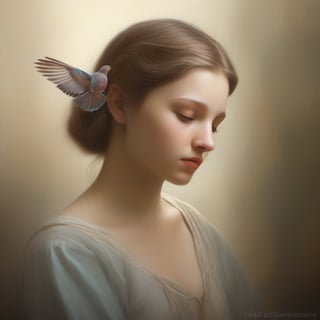 A highly detailed, realistic illustration of a young girl with an air of melancholy, depicted in a style that captures the essence of Renaissance portraiture. The girl should have subtle, downcast eyes that convey a hint of sadness, while her lips are delicately curved into a pensive expression. Her skin tone should be soft and natural, with a gentle flush on her cheeks. She should be dressed in a flowing, ethereal gown that adds an element of elegance and timelessness to the scene.

The girl's most distinctive feature is a pair of graceful, feathered wings emerging from her shoulder blades. These wings should exhibit intricate feather details, with a mix of earthy tones and subtle iridescence, resembling the wings of a mourning dove. The wings should appear slightly drooped, symbolizing a sense of longing or yearning.

The overall composition should have a warm, diffused lighting, casting soft shadows that enhance the depth and realism of the image. The background can be a serene, dreamlike landscape that complements the girl's mood, perhaps featuring a misty forest glade or a quiet meadow bathed in the warm hues of dawn or dusk.
