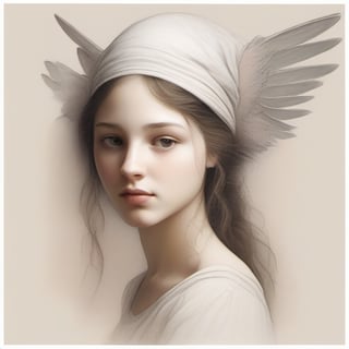 A highly detailed, realistic illustration of a young girl with an air of melancholy, depicted in a style that captures the essence of Renaissance portraiture. The girl should have subtle, downcast eyes that convey a hint of sadness, while her lips are delicately curved into a pensive expression. Her skin tone should be soft and natural, with a gentle flush on her cheeks. She should be dressed in a flowing, ethereal gown that adds an element of elegance and timelessness to the scene.

The girl's most distinctive feature is a pair of graceful, feathered wings emerging from her shoulder blades. These wings should exhibit intricate feather details, with a mix of earthy tones and subtle iridescence, resembling the wings of a mourning dove. The wings should appear slightly drooped, symbolizing a sense of longing or yearning.

The overall composition should have a warm, diffused lighting, casting soft shadows that enhance the depth and realism of the image. The background can be a serene, dreamlike landscape that complements the girl's mood, perhaps featuring a misty forest glade or a quiet meadow bathed in the warm hues of dawn or dusk.

