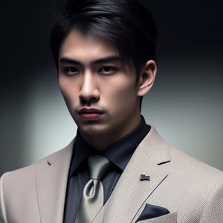 Craft a compelling portrayal of an enigmatic Asian hunk in a sleek suit, radiating an aura of coolness and strength. Illustrate him with a commanding presence, his demeanor exuding a calculated intensity while maintaining an air of mystery.

Detail the suit with precision, emphasizing its tailored elegance and sharp lines. The coldness of his expression should echo the sleekness of his attire, creating a seamless visual harmony.

Set the scene against a contemporary backdrop, perhaps a modern urban landscape or a sophisticated interior. Use a muted color palette that complements his demeanor, focusing on cool tones that echo his composed nature.

The Asian hunk's features should be chiseled and captivating, his gaze slightly serious and penetrating. His posture should project confidence and control, inviting intrigue from those who encounter his gaze.

Employ lighting to accentuate his strong jawline and define his facial contours. Utilize subtle shadows to highlight his enigmatic presence, creating an alluring play of light and darkness.

Capture an atmosphere that hints at the hidden depths within, while also showcasing his composed exterior. The cold and cool aesthetic should resonate through every element, from his expression to the setting, creating a captivating image that lingers in the mind.