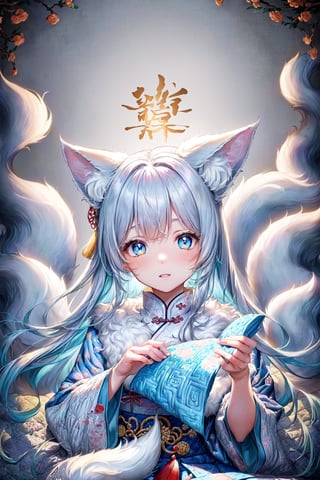 (White background:1.4),(The face of the girl's head, Eyes open, blue long hair,White fox ears,There are nine fluffy fox tails, Oriental elements),(Chinese illustration:1.3,paper art:1.3, Quilted paper art:1.2),( reasonable design, Clear lines, High sharpness,Best quality, Very detailed, Masterpiece, movie light effect, 4K )