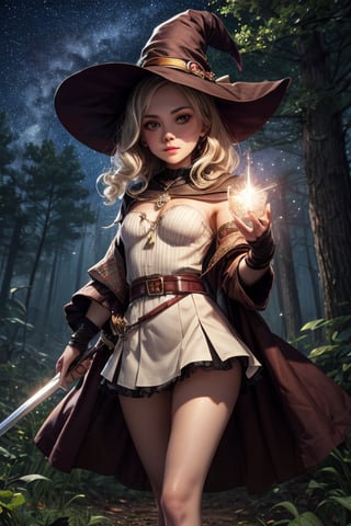 Best Quality, Witch, Girl, Forest, Hat, Starry Sky, Glowing aura around the Girl, Tunic Mini Skirt, White Clothes, Gems, Carrying Sword, 2K Quality