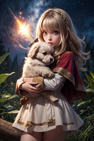 Best Quality, Witch, Girl, Forest, Starry Sky, Glowing aura around the Girl, Tunic Mini Skirt, lhasa apso, White Clothes, Gems, Carrying Sword, 2K Quality