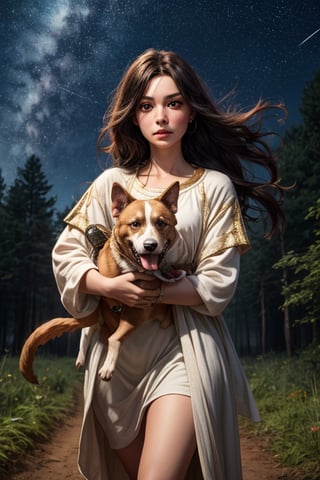 Best Quality, Maiden, Forest, Starry Sky, Dreamy, Two-dimensional, Dog Leading, White Clothes, Gems, Carrying a Sword, 2K Quality