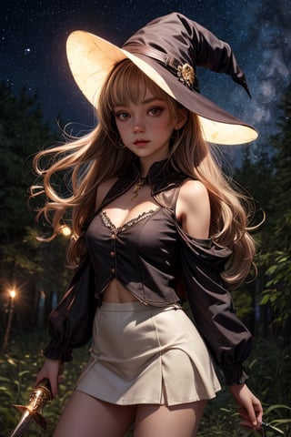 Best Quality, Witch, Girl, Forest, Hat, Starry Sky, Glowing aura around the Girl, Tunic Mini Skirt, White Clothes, Gems, Carrying Sword, 2K Quality