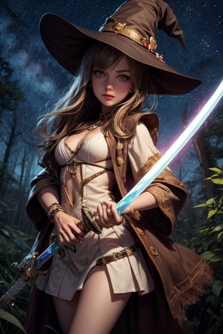 Best Quality, Witch, Girl, Forest, Hat, Starry Sky, Glowing aura around the Girl, Tunic Mini Skirt, White Clothes, Gems, Carrying Sword, 2K Quality