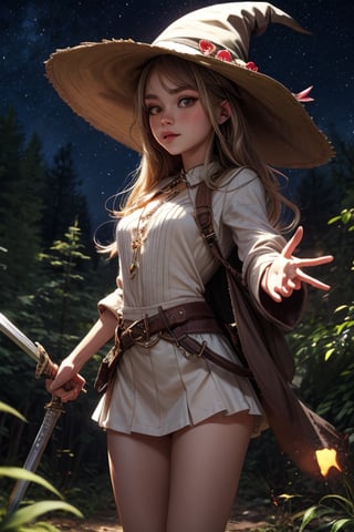 Best Quality, Witch, Girl, Forest, Hat, Starry Sky, Glowing aura around the Girl, Tunic Mini Skirt, White Clothes, Gems, Carrying Sword, 2K Quality