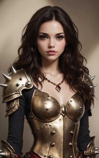 a beautiful female warrior, detailed face, piercing eyes, full lips, long eyelashes, tight-fitting outfit without neckline, metal shoulder pads with spikes, intricate armor, dramatic lighting, realistic, cinematic, dark fantasy, high detail, 8k, hyper detailed, masterpiece