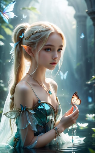 Masterpiece photo of a extremely beautiful 18yo girl, petite, small breasts, skinny, full body, eye contact, elf ears, long blonde hair, ponytail, transparent dress, fairy wings, jewelry, necklace, arm bracelets, kneeling, close-up, holding butterfly on her finger, ealistic, dynamic lighting, beautiful environment, looking at viewer,  (water:0.5), highly detailed, concept art, realistic high key, bright, cinematic , high budget , volumetric fog, light scattering
, ,large-eyed 