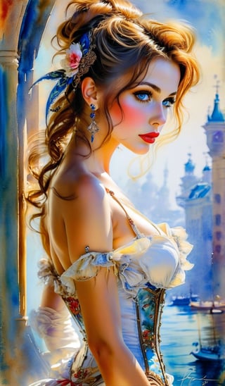 Louis Royo's works, watercolor painting, Konstantin Razumov's style, steampunk pop-art sexy pin-up art-nouveau, low viewing angle,very detailled, deep shadow, Very detailled background