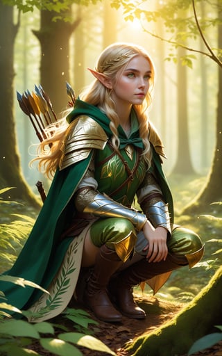 score_9, score_8_up, score_7_up, 1girl, mystical elf ranger, squatting gracefully in a serene forest glade bathed in golden sunlight. She wears leaf-patterned armor, a cloak woven with natural fibers, and carries a bow and quiver of enchanted arrows. Her long blonde hair and piercing green eyes reflect her deep connection to the natural world as she listens intently to the sounds of the forest. The camera angle is a panoramic shot, capturing the tranquility of the woodland setting and emphasizing her role as guardian of the ancient forest
, Expressiveh,concept art