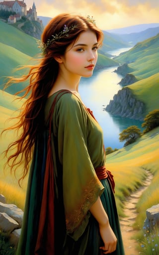 a series of hills , romantic impressionism, dream scenery art, beautiful oil matte painting, pretty girl in foreground, looking at viewer, romantic, beautiful digital painting, anime landscape, romantic painting, dreamlike digital painting, colorful painting, thick brushstrokes characteristic, rough stroke, beautiful gorgeous digital art, style Karol Bok, Brian Froud, Wendy Froud, Guy Davis, Sergio Sandoval
