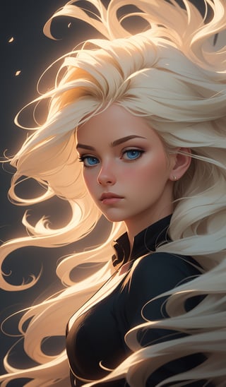 A stunning digital art piece featuring a female portrait rendered in realistic 3D illustration. The subject has captivating blue eyes and flowing blonde hair flowing and blowing in wind. Soft lighting enhances her contemplative expression, set against a dark background for contrast. She wears a classic black dress with subtle makeup, highlighting her features with high-resolution detail and textured depth. The composition evokes emotional depth and a dramatic mood, capturing her serene demeanor in a cinematic light,concept art,midjourney,1 girl,Mysticstyle
