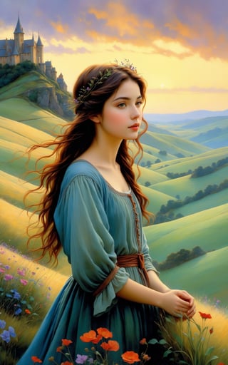 a series of hills , romantic impressionism, dream scenery art, beautiful oil matte painting, pretty girl in foreground, looking at viewer, romantic, beautiful digital painting, anime landscape, romantic painting, dreamlike digital painting, colorful painting, thick brushstrokes characteristic, rough stroke, beautiful gorgeous digital art, style Karol Bok, Brian Froud, Wendy Froud, Guy Davis, Sergio Sandoval
