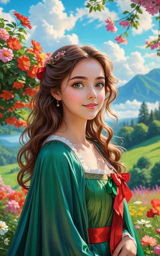 score_9, score_8_up, score_7_up, the image showcases a beautiful female character, set against a picturesque landscape. warm smile, she has long, wavy brown hair and is adorned in a green dress with a matching cape. she wears a large, red ribbon. the character appears to be in a contemplative or relaxed state, with her big eyes and a serene expression on her face. the background is a lush green meadow surrounded by trees and colorful flowers. the sky is clear with a few fluffy clouds, and the overall ambiance of the image is calm and peaceful, realistic

, Expressiveh,concept art,impressionist painting