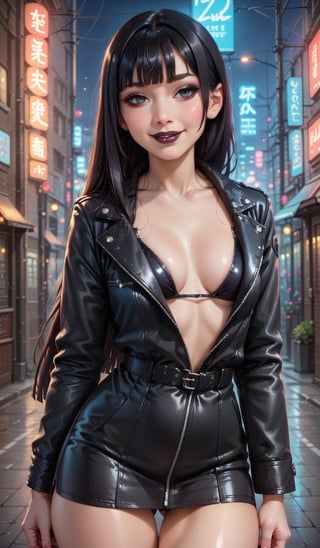 score_9, score_8_up, score_7_up, high quality, (1girl, black hair, very long hair, hime cut, black makeup, black lips, goth, Short biker jacket, thick, thigh, thick body, thick thigh, sexy look, suggestive look, smile, close mouth, long closed black coat, shiny body, small breasts, low cut bustier with miniskirt), dark futuristic streets, pink and blue neon lights, look to viewer