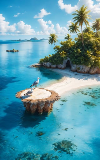 detailed landscape, small island, from above, bay, paradisiacal, sunny, blue sky, clouds, flat, beach, palm, bottomless water hole, seagull, long shot, from very high, masterpiece, best quality, very aesthetic, absurdres,concept art