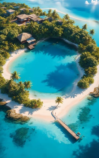 detailed landscape, small island, from above, bay, paradisiacal, sunny, blue sky, clouds, flat, beach, palm, bottomless water hole,long shot, from very high, masterpiece, best quality, very aesthetic, absurdres,concept art