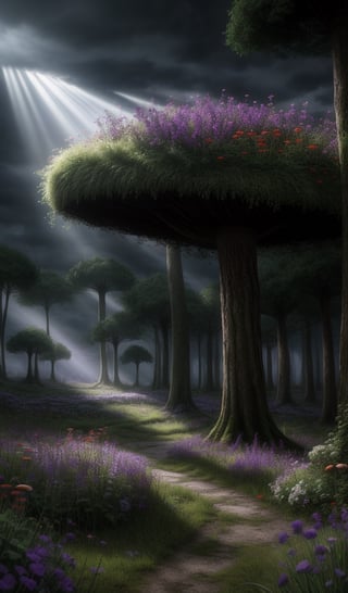 The forest is quiet, spooky forest, save for the breeze and the mushroom house of the wizard Rialto the Marvelous, a lot of mushrooms and flowers in the foreground, masterpiece, best quality, mysterious scene background, purple light, rays of light in the distance,Mysticstyle,dark fantasy,realism