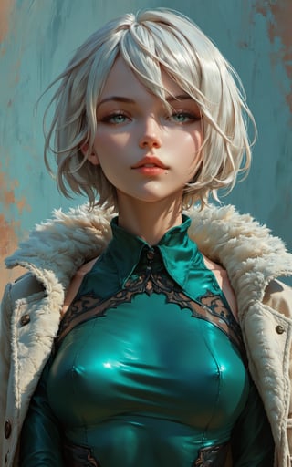 (sketch drawing), (digital painting), upper body portrait, (cutesexyrobutts:0.8), (score_10, score_9_up, score_9, score_8_up, score_7_up, score_6, score_5, score_4, source_anime), detailed face + big grey eyes, (pouty parted lips:1.1), (Expressiveh:1.2), (Dynamic angle:1.1), (dynamic pose:1.1), (best quality:1.1), (amazing background:1.1), (detailed background:1.1), masterpiece, highres, illustration, (sharp focus:1.1), masterpiece illustration, (beautiful intricate body:1.1), (fine line work:1.0), (shiny skin:1.1), (shiny hair:1.1), (yorha no.2 type b:0.8), (short hair, white hair), mole under mouth (green taut collared dress:1.3), (short dress:1.2), (dark green dress:1.2), (coat:1.1), (shouldered fur coat, fur trim:1.1), (skin tight:1.2), (black thighhighs:1.2)
, Expressiveh,concept art,g4n1m3,1girl,l4rg33y3s