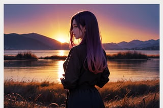 from above, from behind, cowboy shot, turn to look at viewer, (1girl:1.2), (purple hair:1.2), long hair, yellow eyes, black jacket, white dress, arms behind, (backlighting:1.2), glowing eyes, Dawn and dusk, sunset, twilight, (gradient sky:1.3), (dark sky:1.14), red sky, orange sky, pink background, outdoors, sun above horizon, (white border:1.5), (purple flower:0.7)
