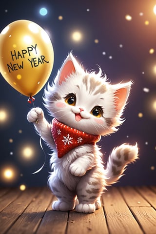 Grey kitten holding a balloon with the word's "Happy New Year", wearing a Christmas jumper , drinking champagne, party, balloons, fireworks, highly detailed background, best quality, masterpiece,happy,Xxmix_Catecat,