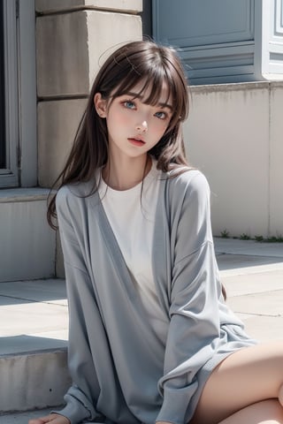 (2023 Winter Trend Clothes), (A beautiful woman with bangs), (a beautiful woman sitting with one leg up), "shriek" means strong wind A coined word combining "wind", (Vivid and powerful red, clean and modern grey, rich brown, sand beige: simple and elegant color, chalk white: dull white with pale tints; clay pink: sherbet pink not too sweet; stone gray: dull gray among grey; Midnight blue: deep blue), RLHF,hdr,4k,uhd,VAE,masterpiece,super detailed,super quality,super beautiful,symmetrical,