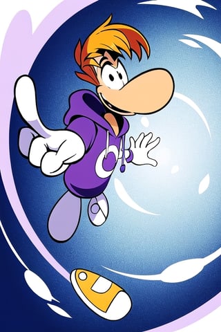 Rayman,1boy,purple hoodie,white cartoon gloves,short orange hair,white circle symbol on hoodie,yellow shoes,black eyes,hair fringes,pointy nose,floating limbs,perfect anatomy,solo,r3style,cartoon,delicated and intricate,standing