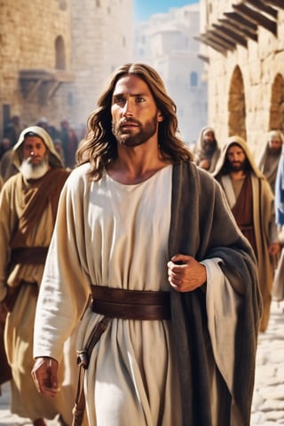 (best quality) , (masterpiece) epic cinematic photorealistic  close shot  of Jesus Christ in ancient Jerusalem (((detailed faces skiny face))),white skin color,artistic depiction from 1th century,walking on ancient ally among people((( women,children))),suny day ,sun shineevery thing  glowing give a feeling of love and divinity ,biblicl scene ,God send sun light on ,front view   , very  close  view, ,Homey "The Dread of Invasion", at Blue hour, film grain, Nikon d850, 80mm, Film grain
