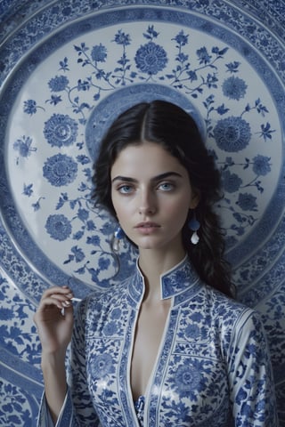  , cinematic  moviemaker style, uhd,18-year-old beautiful Persian  girl ,with oriental chinese style broken blue and white porcelain pattern,serene,portrait photography by tim walker, fashion editorial,accent lighting,cinematic,photorealistic,octane render,HD 8K DSLR,sharp focus,depth of ,detailmaster2