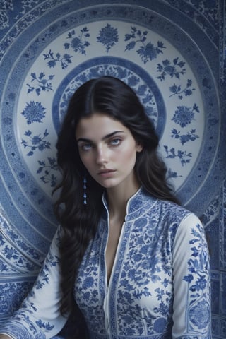  , cinematic  moviemaker style, uhd,18-year-old beautiful Persian  girl ,with oriental chinese style broken blue and white porcelain pattern,serene,portrait photography by tim walker, fashion editorial,accent lighting,cinematic,photorealistic,octane render,HD 8K DSLR,sharp focus,depth of ,detailmaster2