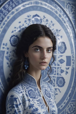  , cinematic  moviemaker style, uhd,18-year-old beautiful Persian  girl ,with oriental chinese style broken blue and white porcelain pattern,serene,portrait photography by tim walker, fashion editorial,accent lighting,cinematic,photorealistic,octane render,HD 8K DSLR,sharp focus,depth of ,detailmaster2