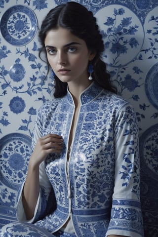  , cinematic  moviemaker style, uhd,18-year-old beautiful Persian  girl ,with oriental chinese style broken blue and white porcelain pattern,serene,portrait photography by tim walker, fashion editorial,accent lighting,cinematic,photorealistic,octane render,HD 8K DSLR,sharp focus,depth of ,detailmaster2