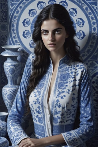 , cinematic  moviemaker style, uhd,18-year-old beautiful Persian  girl ,with oriental chinese style broken blue and white porcelain pattern,serene,portrait photography by tim walker, fashion editorial,accent lighting,cinematic,photorealistic,octane render,HD 8K DSLR,sharp focus,depth of ,detailmaster2